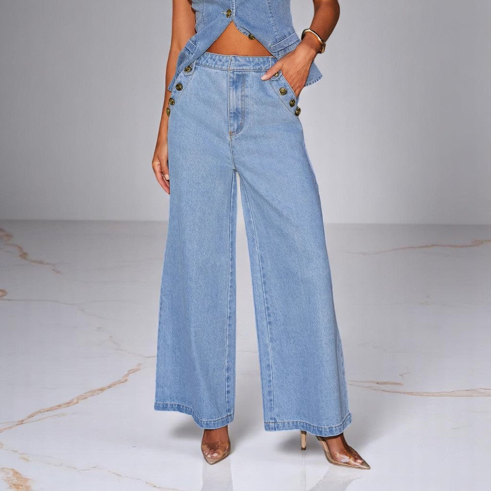 Ensemble Femme en Jean – Gilet Sans Manches et Pantalon Large Tendance