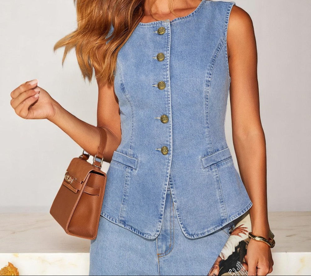 Ensemble Femme en Jean – Gilet Sans Manches et Pantalon Large Tendance