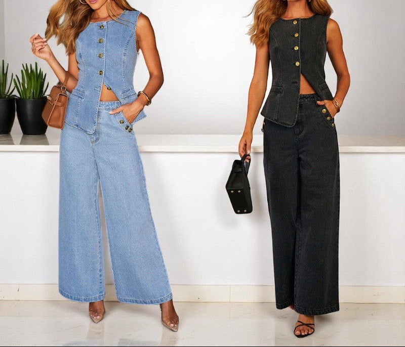 Ensemble Femme en Jean – Gilet Sans Manches et Pantalon Large Tendance