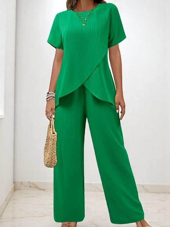 Ensemble Femme Élégant – Chemise Fluide et Pantalon Large | Disponible en Vert et Noir