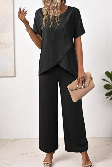 Ensemble Femme Élégant – Chemise Fluide et Pantalon Large | Disponible en Vert et Noir