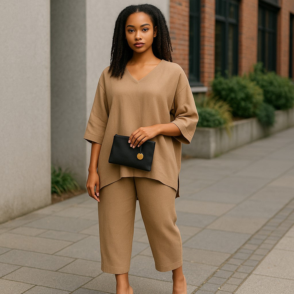Ensemble Femme Large et Élégant – Disponible en Camel, Gris et Noir | Look Chic et Confortable