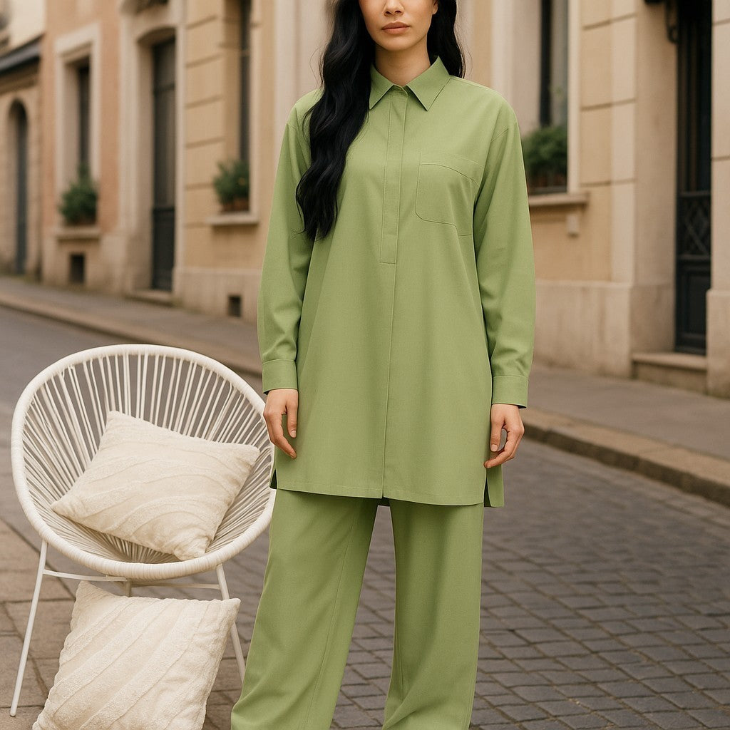 Élégance Modeste – Robe Longue Fluide à Manches Longues - Style Hijab Friendly - Ensemble Modest Fashion Chemise et Pantalon Large