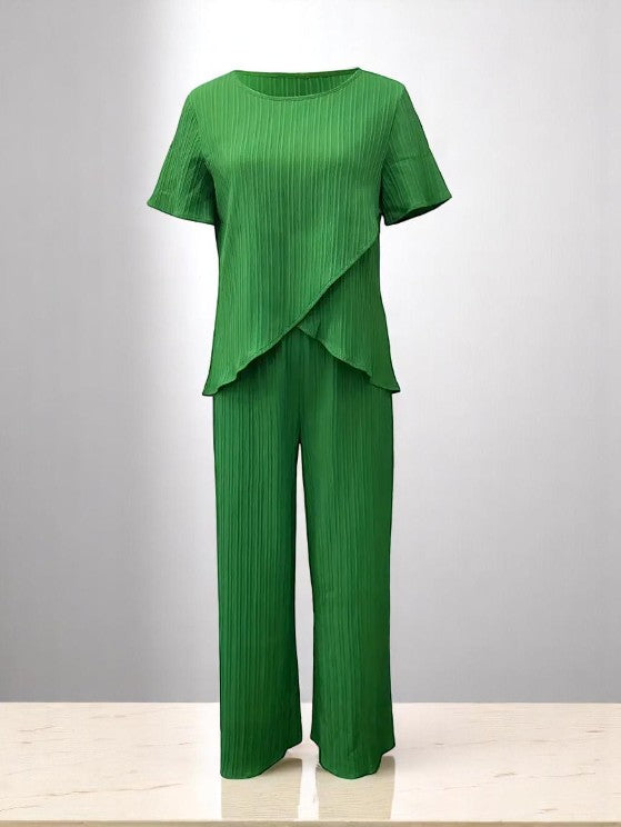 Ensemble Femme Élégant – Chemise Fluide et Pantalon Large | Disponible en Vert et Noir