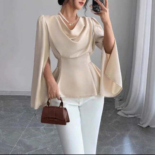 Chemise Femme en Satin – Manches Évasées et Taille Cintrée
