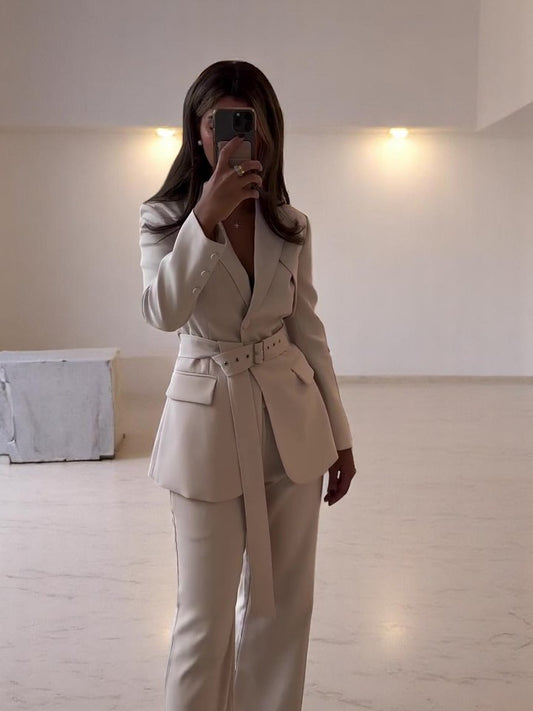 Ensemble Femme Beige – Blazer Classique et Pantalon Large Taille Haute | Élégant & Modest Fashion (XS à XL)