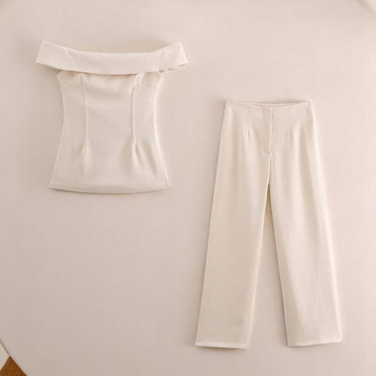 Ensemble Femme Élégant – Haut Épaules Dénudées Fendu & Pantalon Large