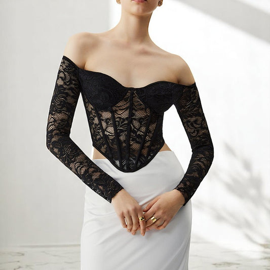 Corset Transparent Femme – Top Épaules Dénudées en Dentelle avec Manches Longues et Baleines