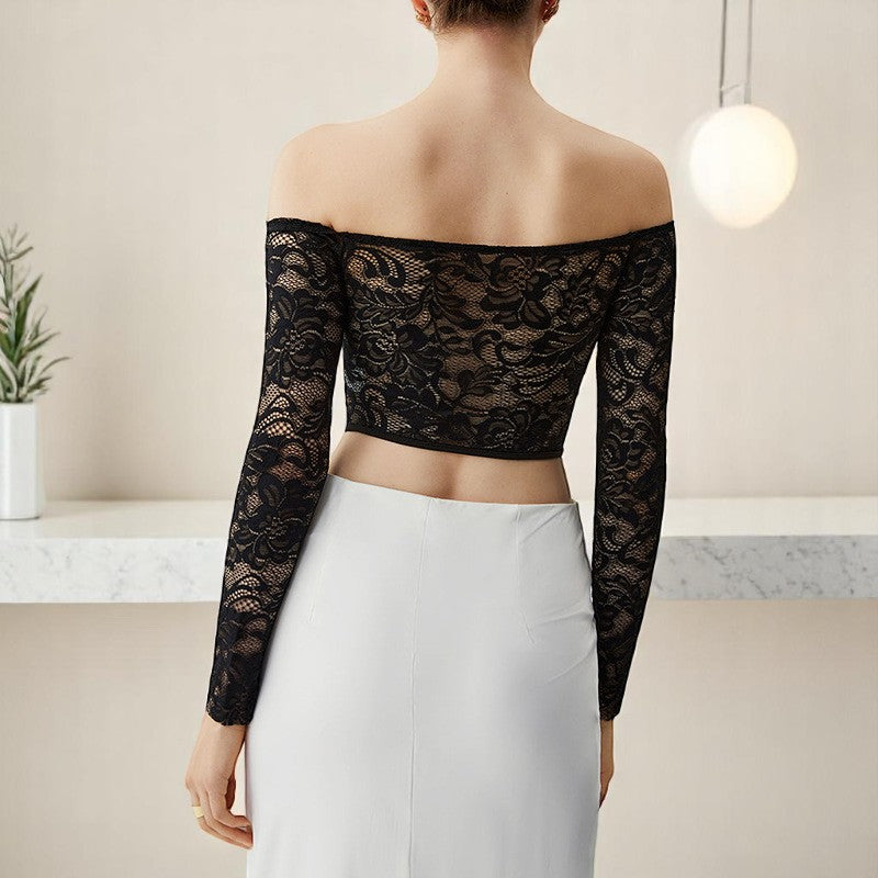 Corset Transparent Femme – Top Épaules Dénudées en Dentelle avec Manches Longues et Baleines