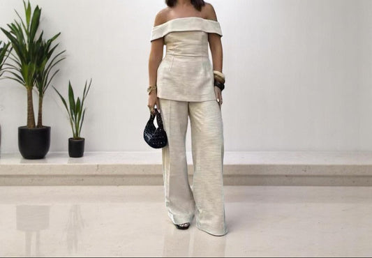Ensemble Femme Élégant – Haut Épaules Dénudées Fendu & Pantalon Large