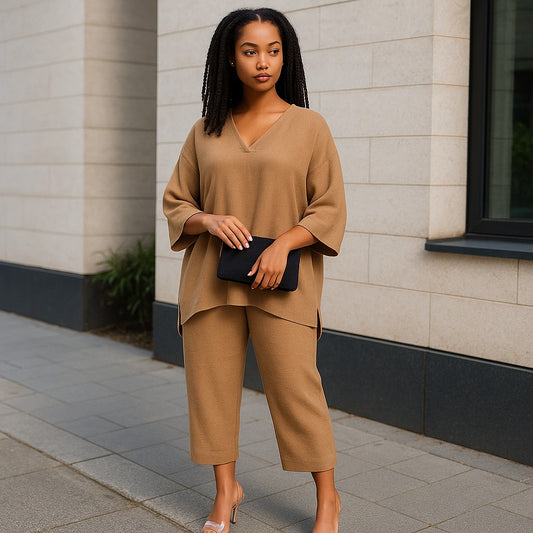 Ensemble Femme Large et Élégant – Disponible en Camel, Gris et Noir | Look Chic et Confortable