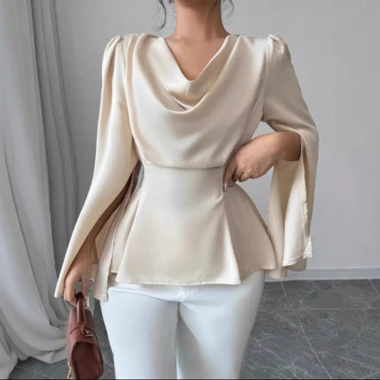Chemise Femme en Satin – Manches Évasées et Taille Cintrée